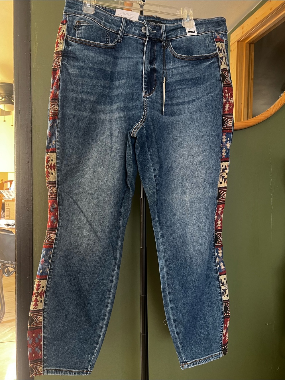 Judy Blue Blue Denim Boyfriend Jeans with Red & Cream Aztec Side Panels